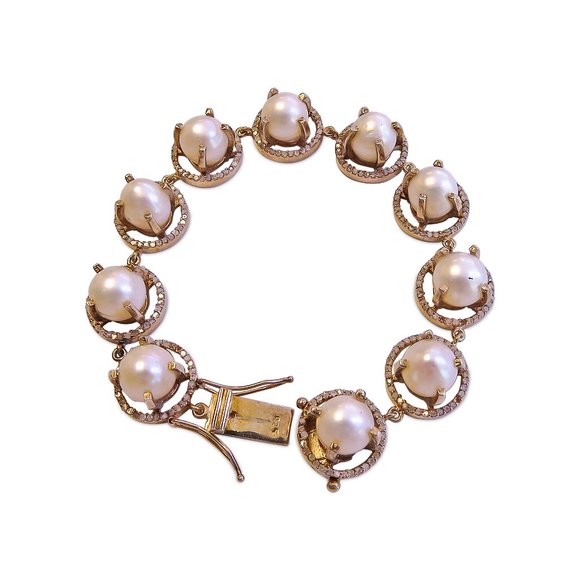 14k Gold Diamond & Pearl Bracelet - Picture 1 of 6